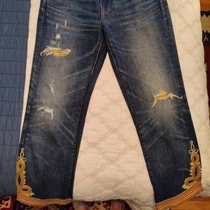 Polo by Ralph Lauren crop distressed embellished jeans with gold and red trim